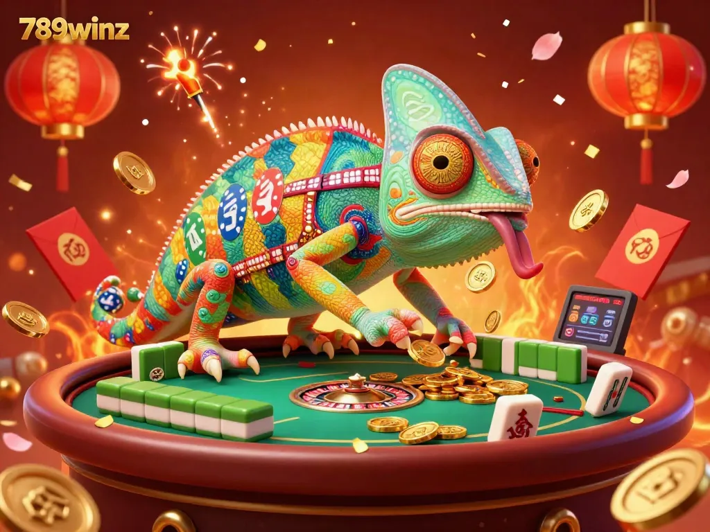 Experience the vibrant 789winz casino atmosphere with a chameleon owner snapping coins amidst exciting games and festive decor.