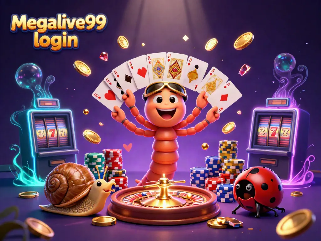 Permainan kasino Megalive99 login dengan dealer kartun, chip dan kartu bermain.