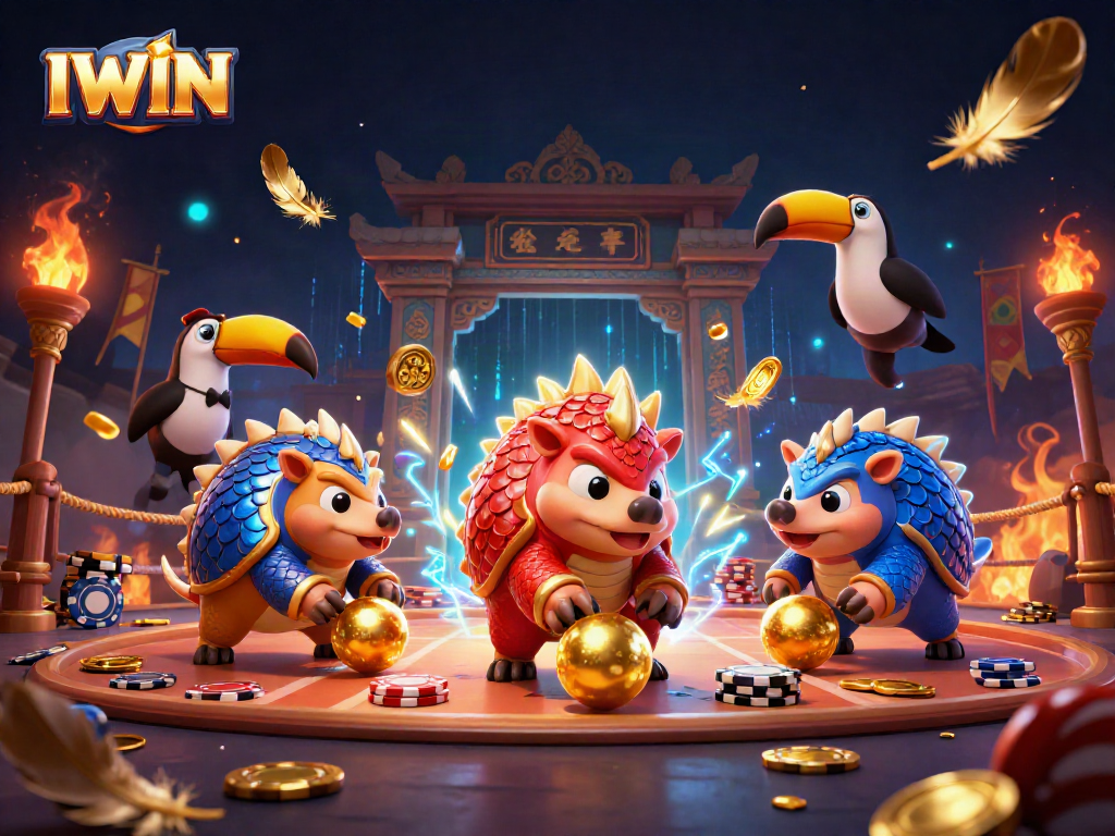 IWIN pangolins compete in a casino bowling showdown surrounded by poker chips.