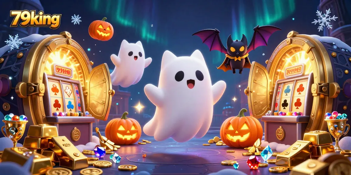 Engage with thrilling 79king experiences in a vibrant haunted casino illustration featuring a friendly ghost cat.