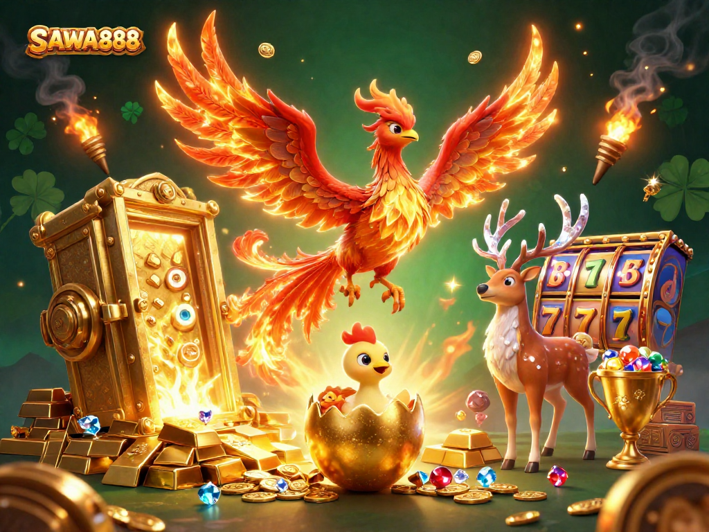 Engage with SAWA888's vibrant online slots, illustrated in a rich, dynamic casino scene full of treasures.