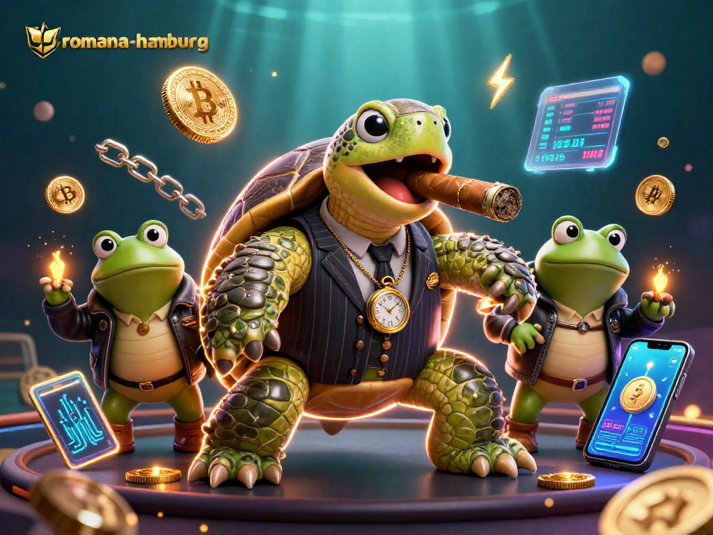 Engage with romana-hamburg's vibrant casino atmosphere featuring animated characters and crypto elements.