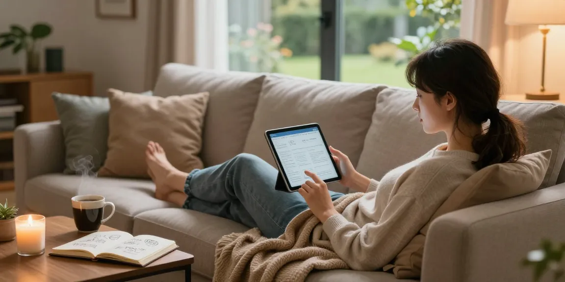 Individu bersantai di ruang tamu sambil menjelajahi konten xnxx dengan tablet.