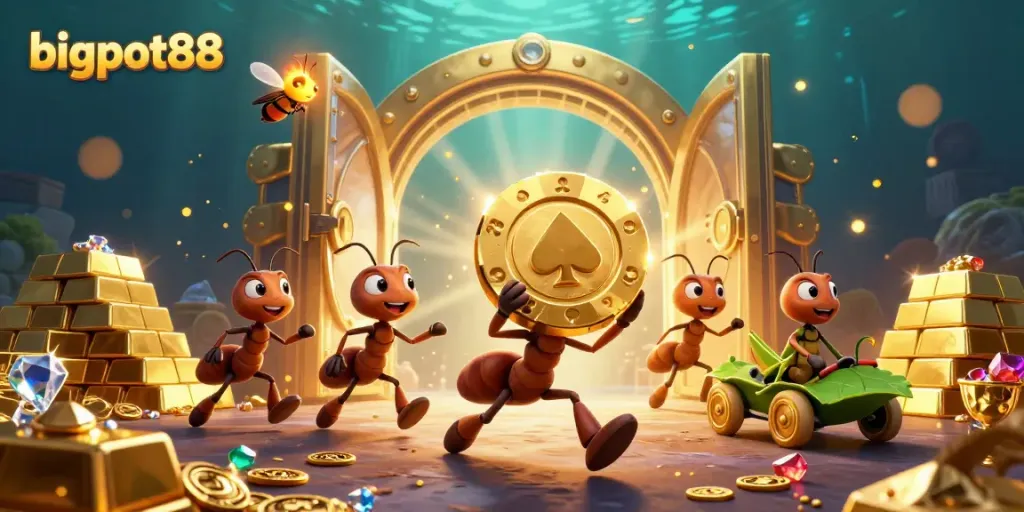 Experience bigpot88 excitement with playful ants carrying a giant poker chip in a vibrant heist scene.