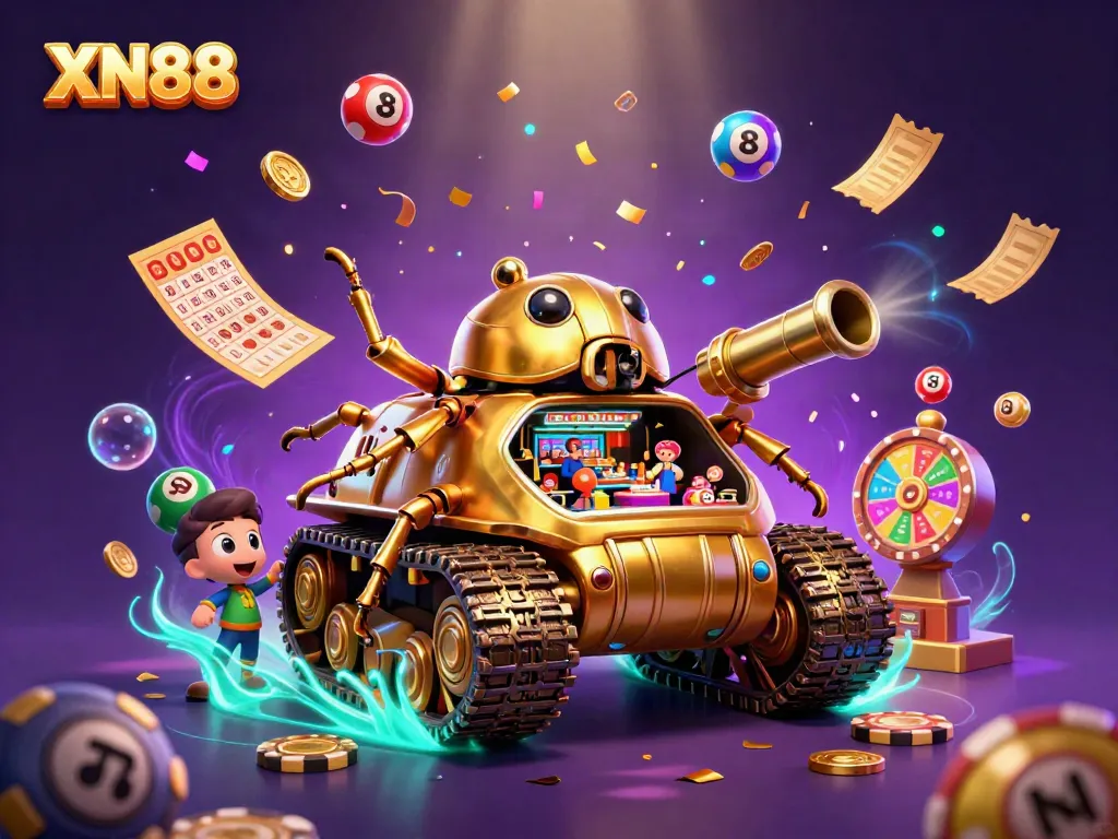 Experience the excitement of XN88 with a dazzling casino-themed illustration full of vibrant gaming elements.