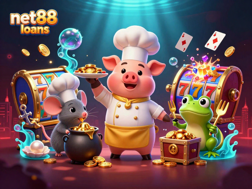 Engage with net88 loans in a vibrant casino-themed 3D illustration featuring a chef pig serving gold.