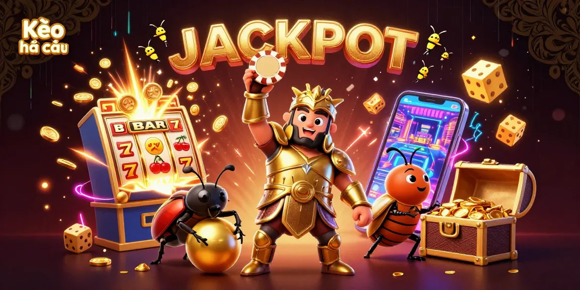 Kèo nhà cái highlights victory in gambling with a dynamic 3D illustration of a triumphant beetle and casino elements