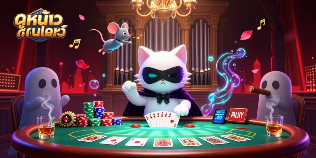 Experience thrilling ดูหนังออนไลน์ with a whimsical casino scene featuring a phantom cat and mouse acrobat surrounded by vibrant gaming elements.