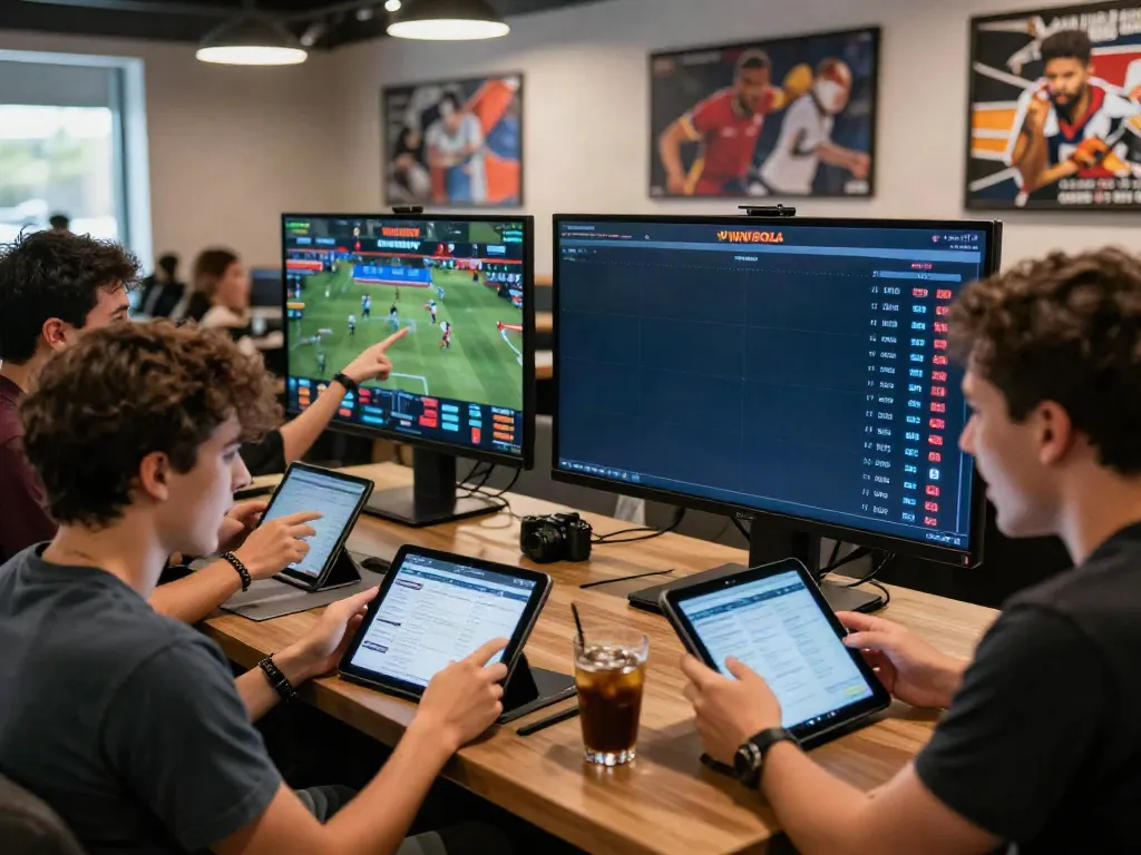 Exciting sports betting scene at WWBOLA, showcasing diverse individuals engaged in live game analysis.