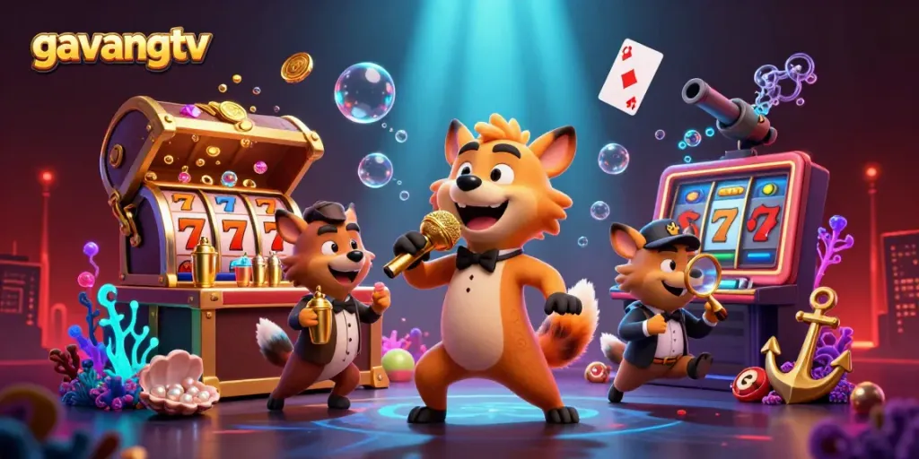 Engage in a vibrant casino atmosphere with gavangtv's lively hyena characters, showcasing excitement and humor.