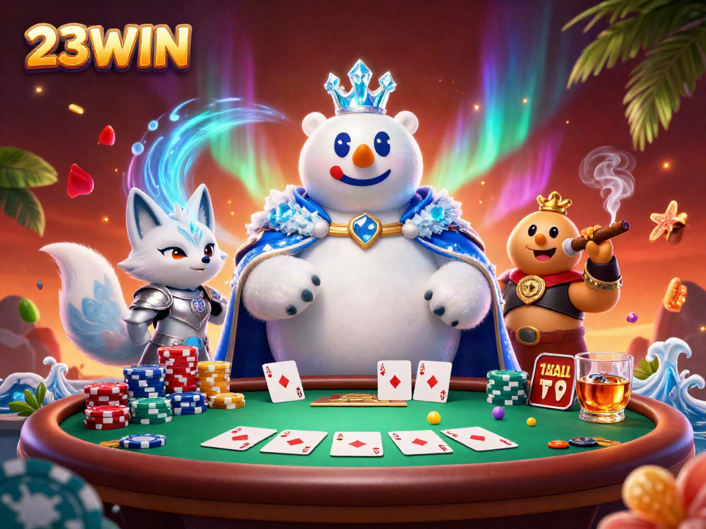 Experience the vibrant excitement of 23WIN, featuring a royal poker scene with colorful chips and cards.