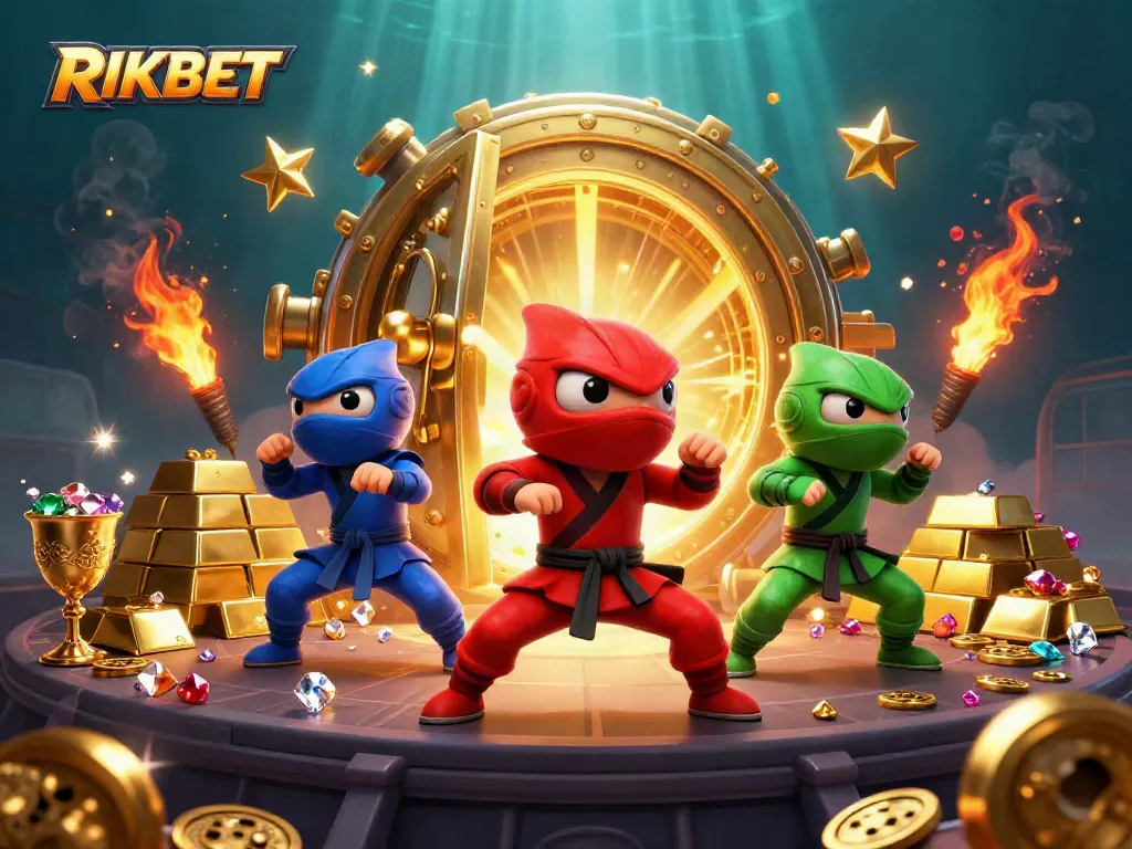 Experience excitement with RIKBET as colorful ninja chameleons engage in lively martial arts on a casino rooftop.