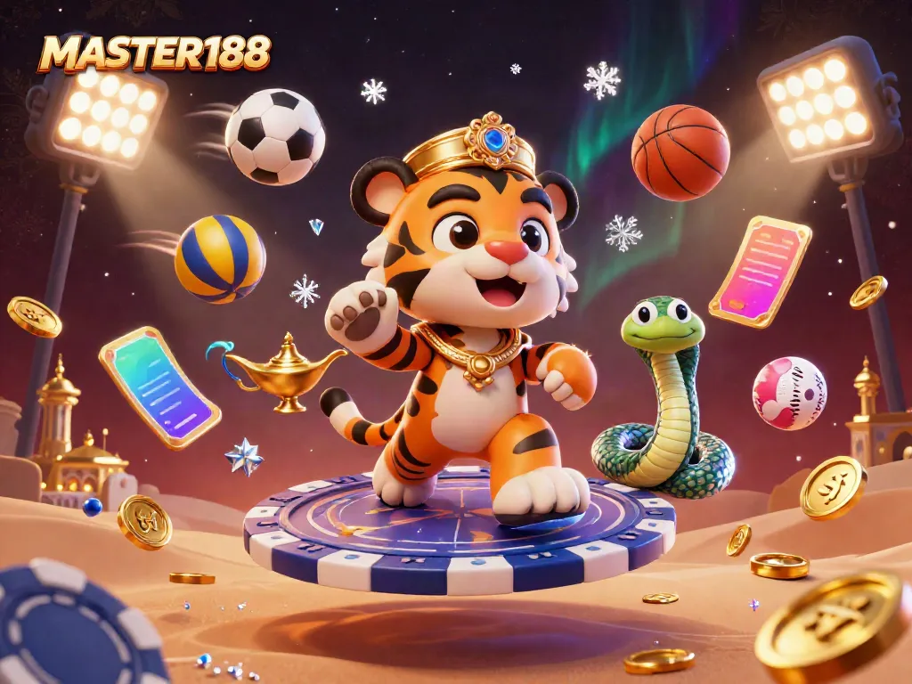 Bet on excitement with MASTER188's 3D illustration of a sultan, genie, and vibrant gaming elements.