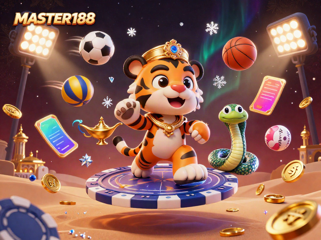 Bet on excitement with MASTER188's 3D illustration of a sultan, genie, and vibrant gaming elements.