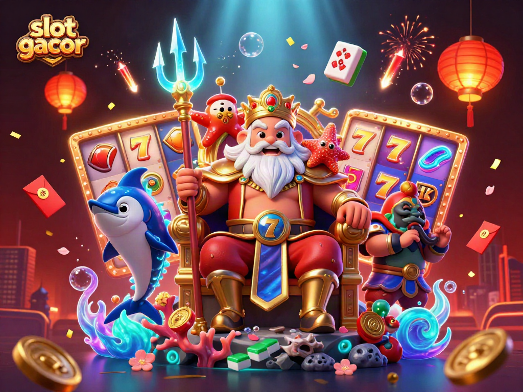 Engage with slot gacor through vibrant 3D illustrations featuring Neptune and lucky symbols.
