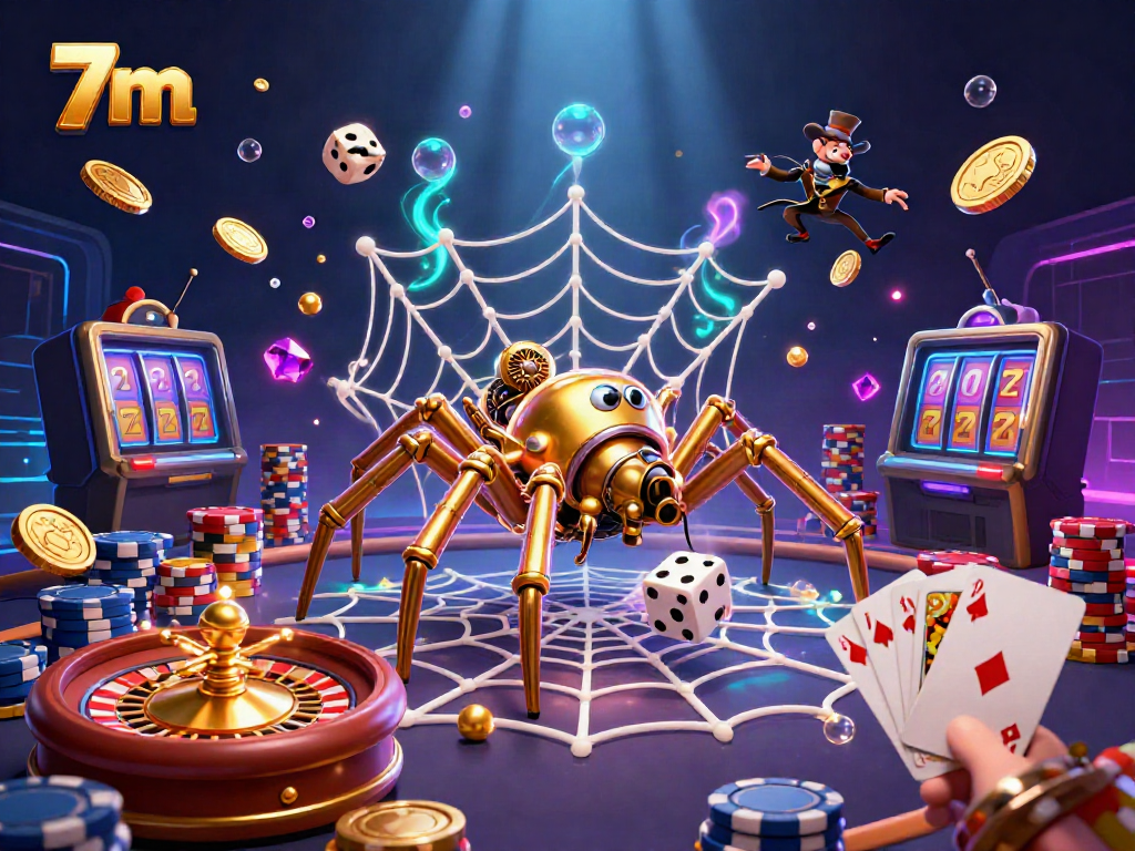 Catching unlucky dice in the web, 7m illustrates a steampunk spider amidst casino elements.