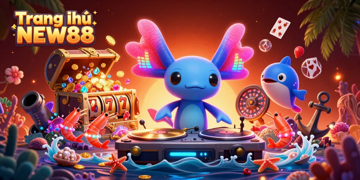 Experience the excitement at Trang chủ NEW88 with our vibrant 3D casino scene featuring unique characters.