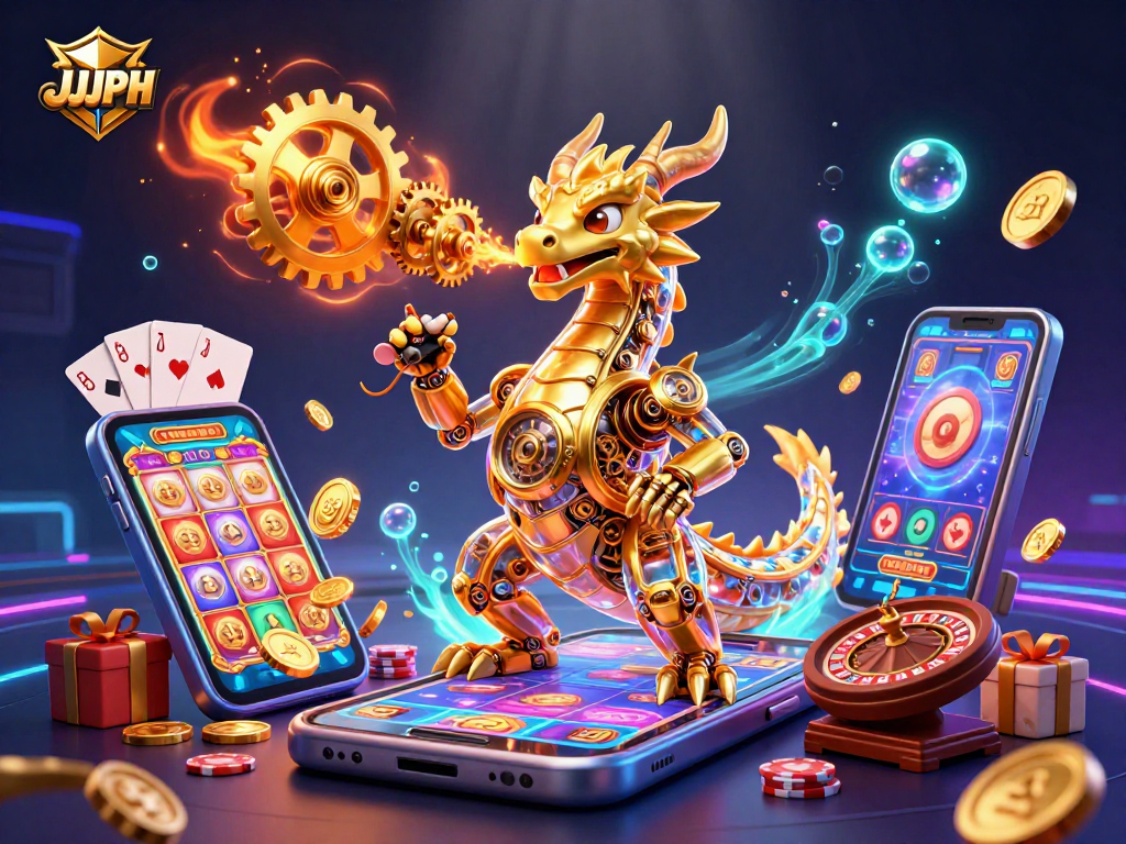 Maglaro ng JJJPH gamit ang 3D dragon at mga slot machine na puno ng ginto.