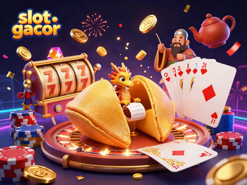 Experience thrilling slot gacor action with a dynamic 3D illustration of fortune, coins, and excitement.