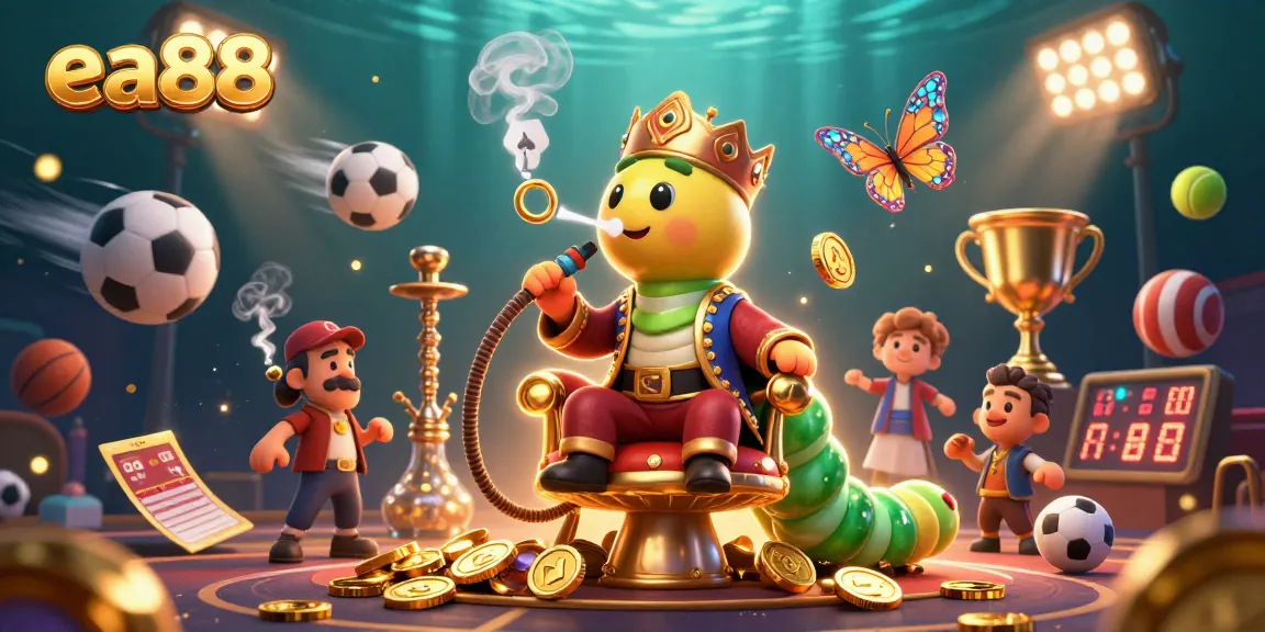 Engage in thrilling EA88 gaming with a colorful 3D illustration of caterpillar gaming symbols and sports elements.