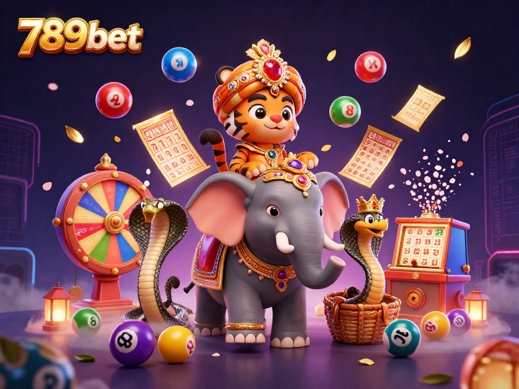 Experience dynamic gaming action with 789bet in a vibrant 3D casino illustration showcasing exciting lottery and gaming elements.