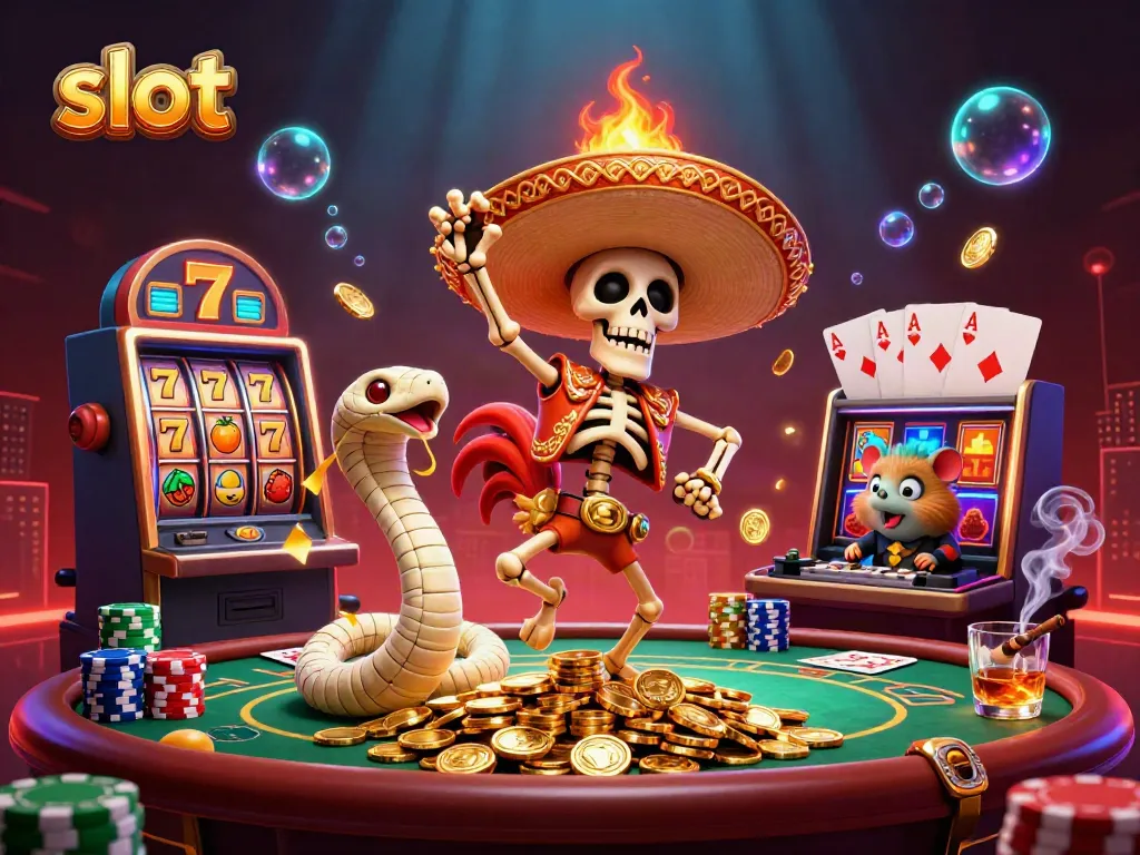 Celebrate victories with vibrant slot-themed characters dancing on coins.