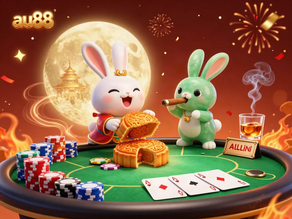 Experience thrilling poker action at au88 with a lunar-themed 3D illustration featuring colorful poker chips and mooncakes.