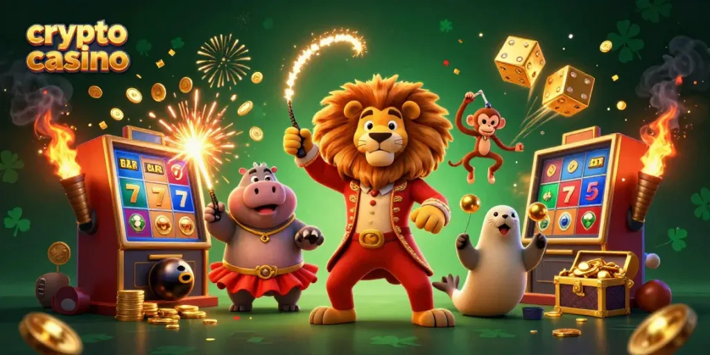 Experience the excitement of a crypto casino with vibrant characters and stunning game elements in this 3D illustration.