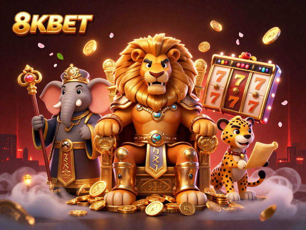 Experience the thrilling world of 8KBET with vibrant 3D casino-themed illustration showcasing engaging slot games.