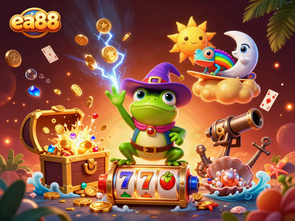 ea88 features a vibrant scene with a wizard frog and chameleon amidst slot reels and gold coins