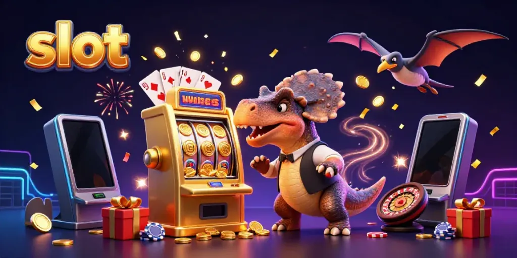 Slot yang mengeluarkan jackpot dengan karakter kartun dino dan koin emas terbang.