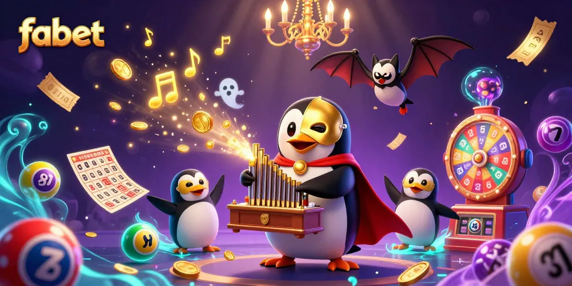 Experience the excitement of fabet with a vibrant 3D penguin organist amid golden coins.
