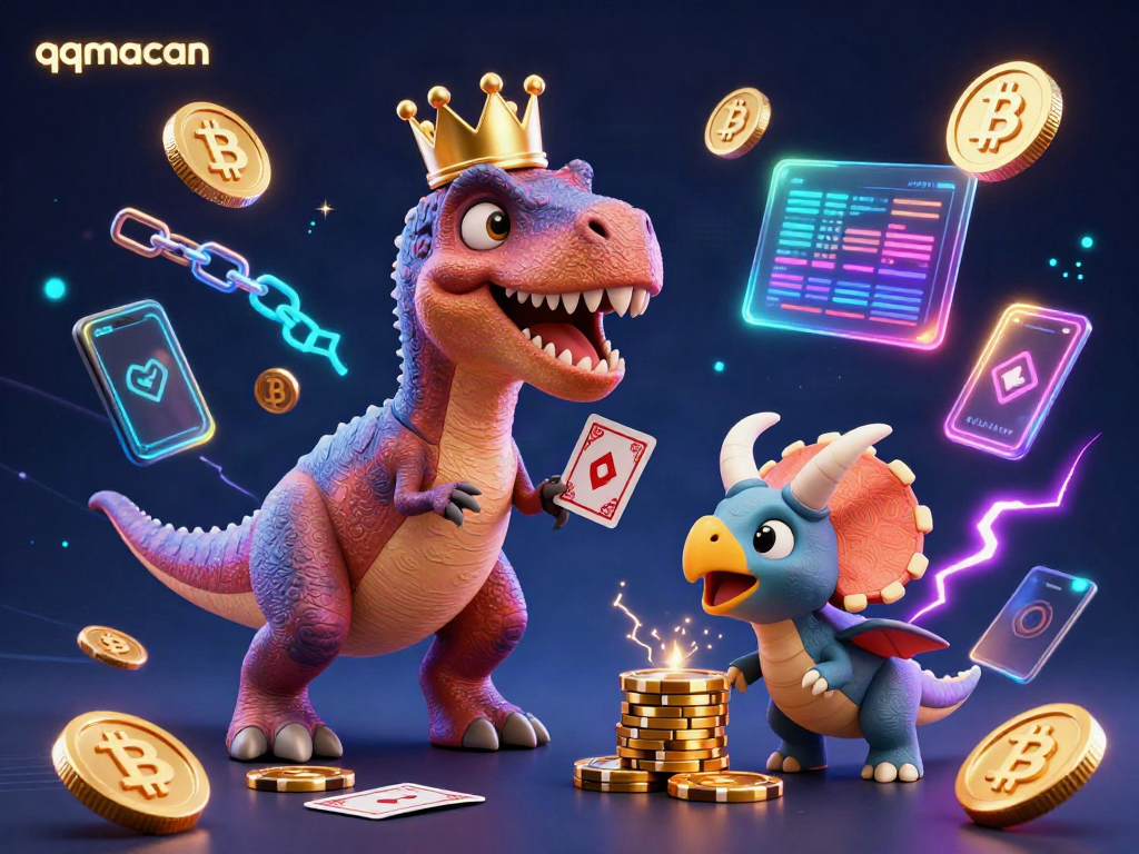 Engage with qqmacan's exciting gaming scene featuring a T-Rex shuffling cards alongside a pterodactyl and triceratops.