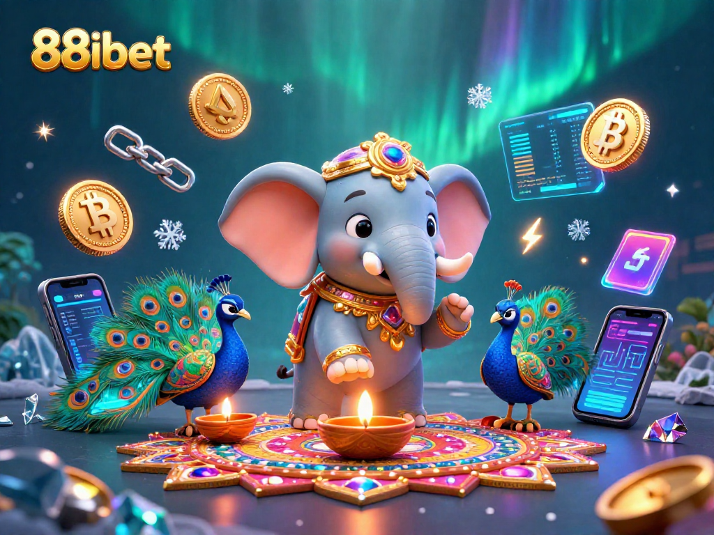 Engage with the vibrant world of 88ibet, featuring a colorful Diwali-themed elephant and crypto elements.