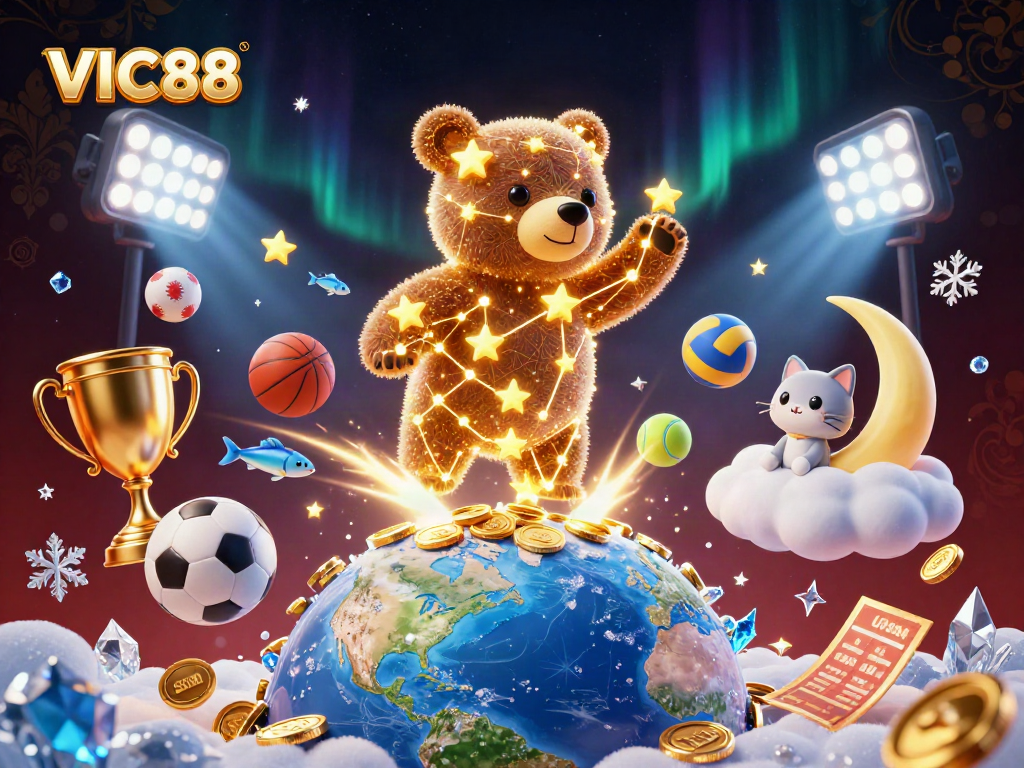 Bet on VIC88 with dynamic 3D characters in a lively casino scene featuring sports elements and vibrant colors.