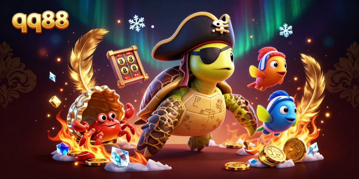Bet on qq88's exciting adventures featuring a pirate turtle amidst casino treasures.