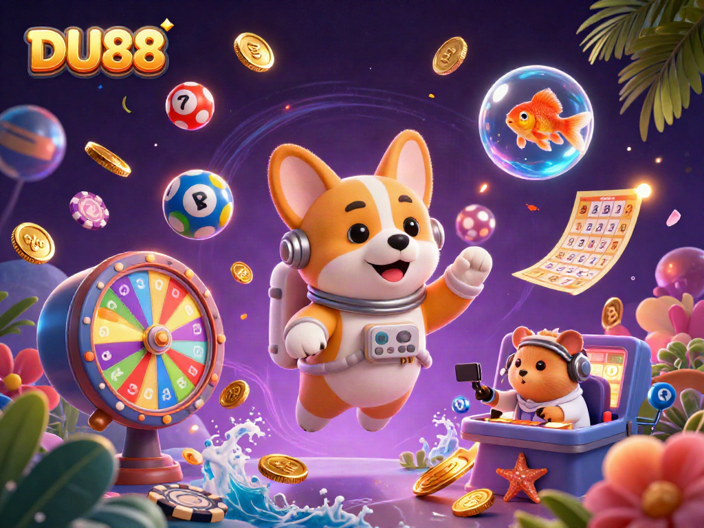 Experience the excitement of DU88 casino with a whimsical scene of animated characters and playful gaming elements.