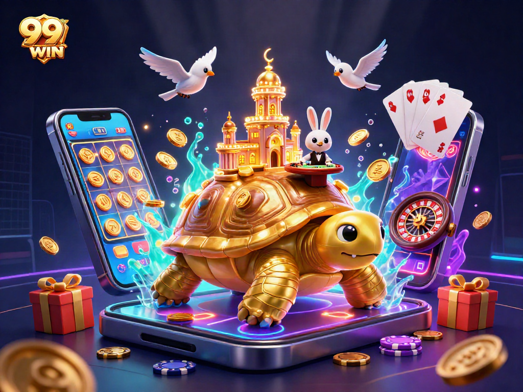 Experience the excitement of 99WIN with a vibrant casino scene featuring a golden tortoise and rabbit dealer.