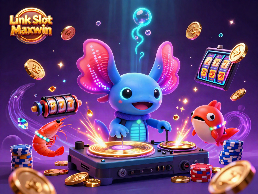 Spin with Link Slot Maxwin, showcasing the vibrant casino scene filled with gold coins, slot machines, and party creatures.