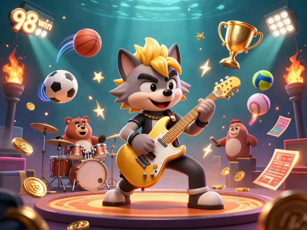 Experience the thrill of winning in a vibrant casino scene with 98 win, featuring dynamic characters and sports elements.