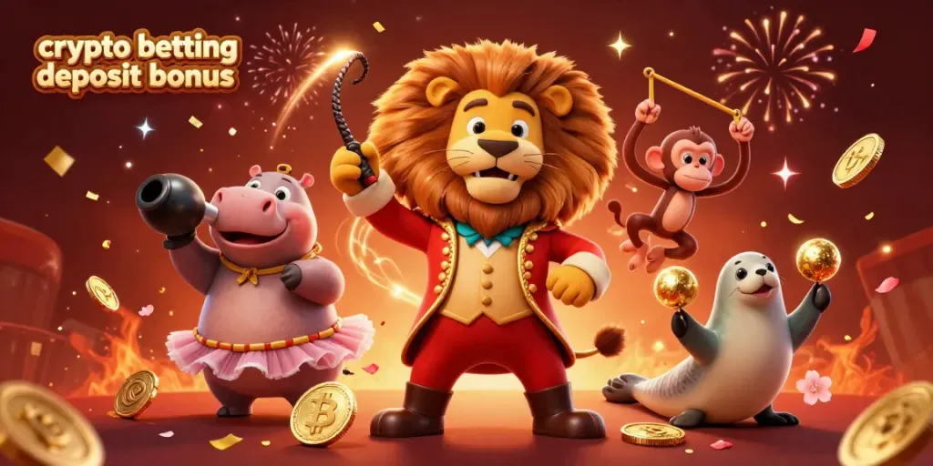 Join the excitement of crypto betting deposit bonuses with lively characters celebrating in an animated casino scene.