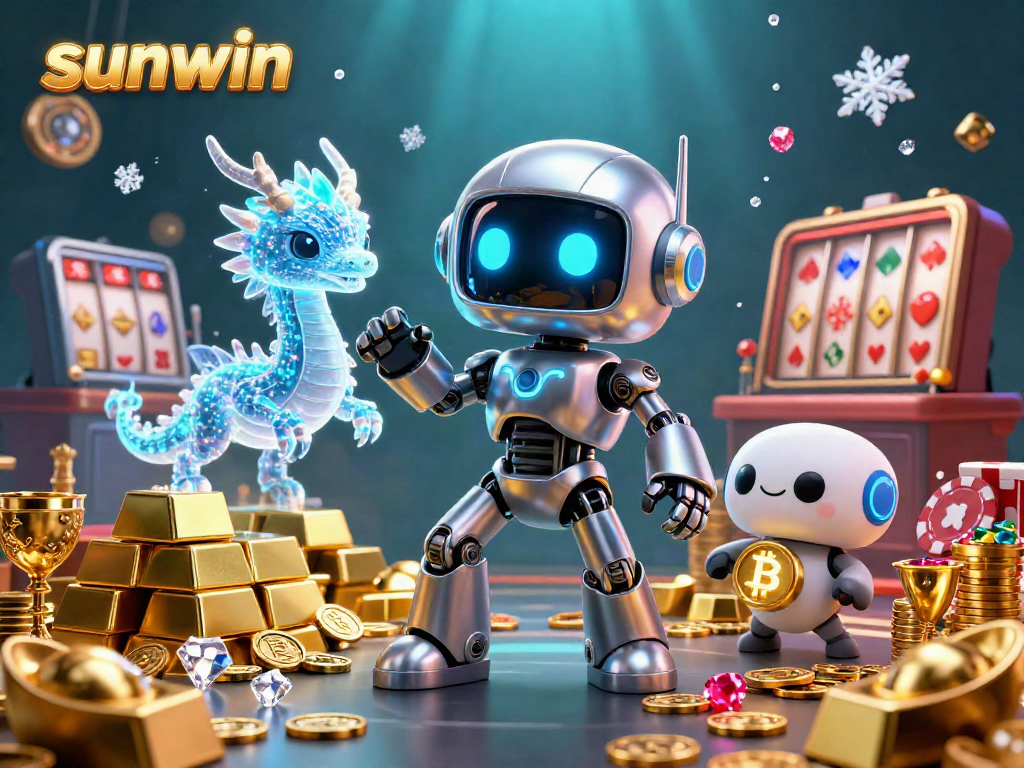 Experience thrilling action with sunwin's cyberpunk casino robots, vibrant gold treasures, and dazzling gems in 3D.