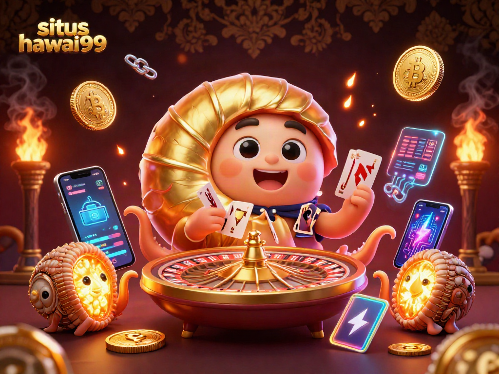 Engage with situs hawai99, showcasing a vibrant 3D casino scene filled with characters and crypto elements.
