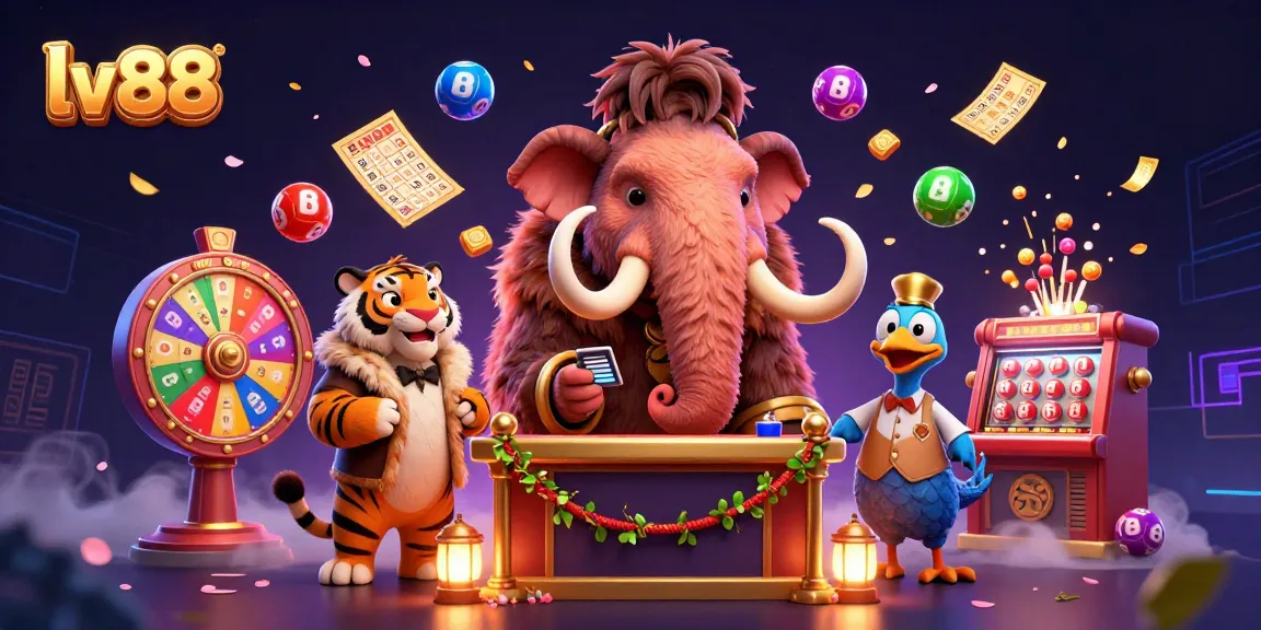 Engage with the vibrant lv88 casino scene, featuring a mammoth bouncer, VIP sabertooth, and dynamic gaming elements.