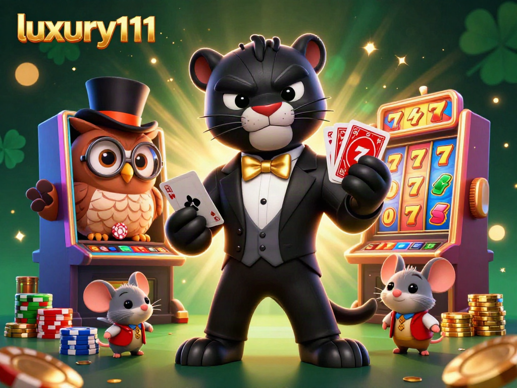 Win big with luxury111 as a stylish panther deals cards at a vibrant casino.