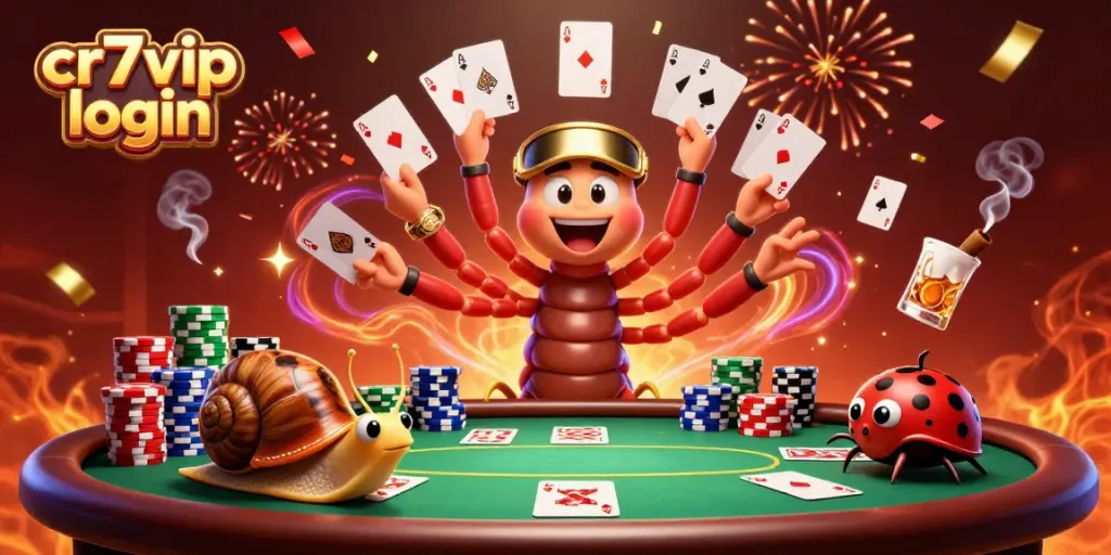 Gambarkan cr7vip login saat dealer serangga membagikan kartu di meja poker, memancarkan kemewahan.