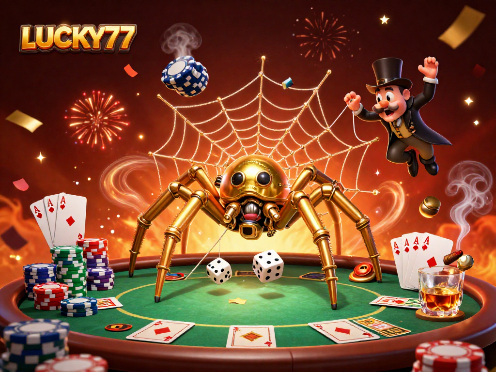 LUCKY77 captures the thrill of poker with a golden spider webbing luck in the casino scene.