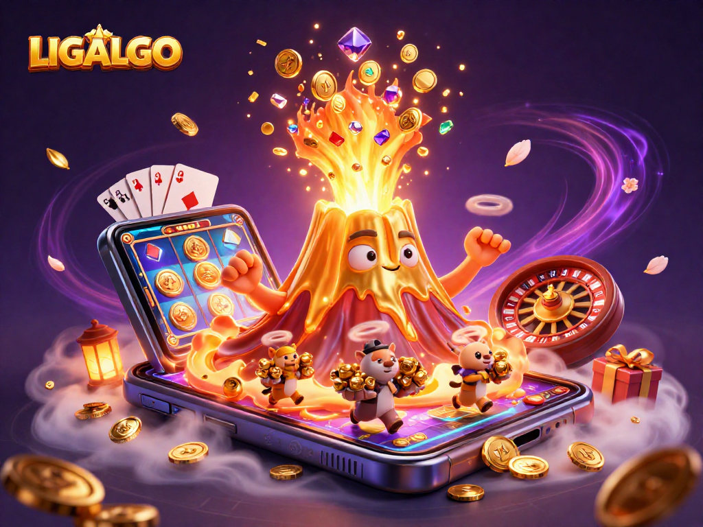 LIGALGO showcases a triumphant golden volcano amidst treasure and dynamic casino elements, symbolizing fortune.