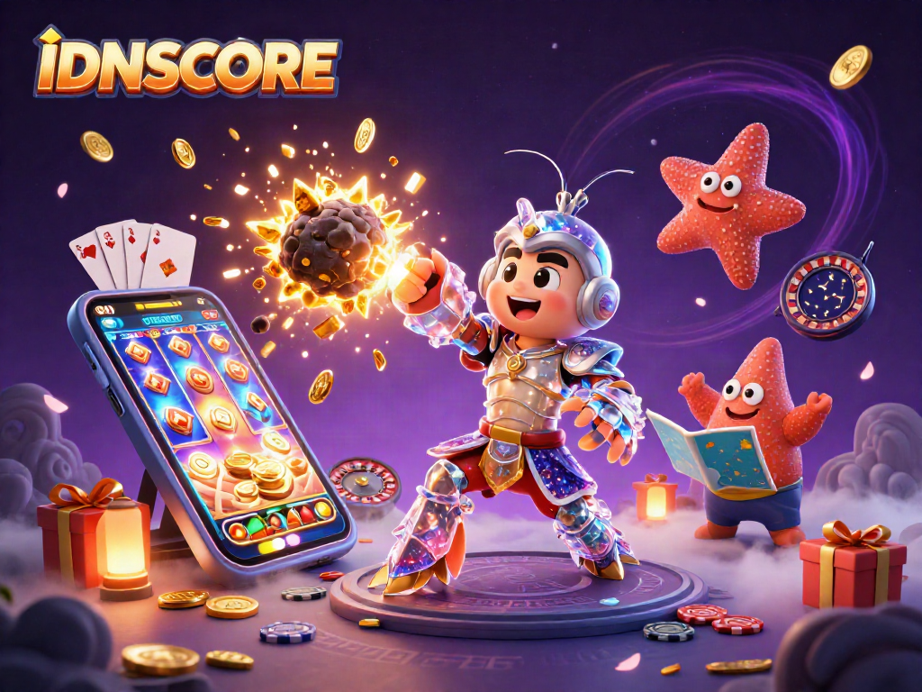 Spin to win with IDNSCORE, featuring a vibrant scene of galactic characters in an exciting casino adventure.