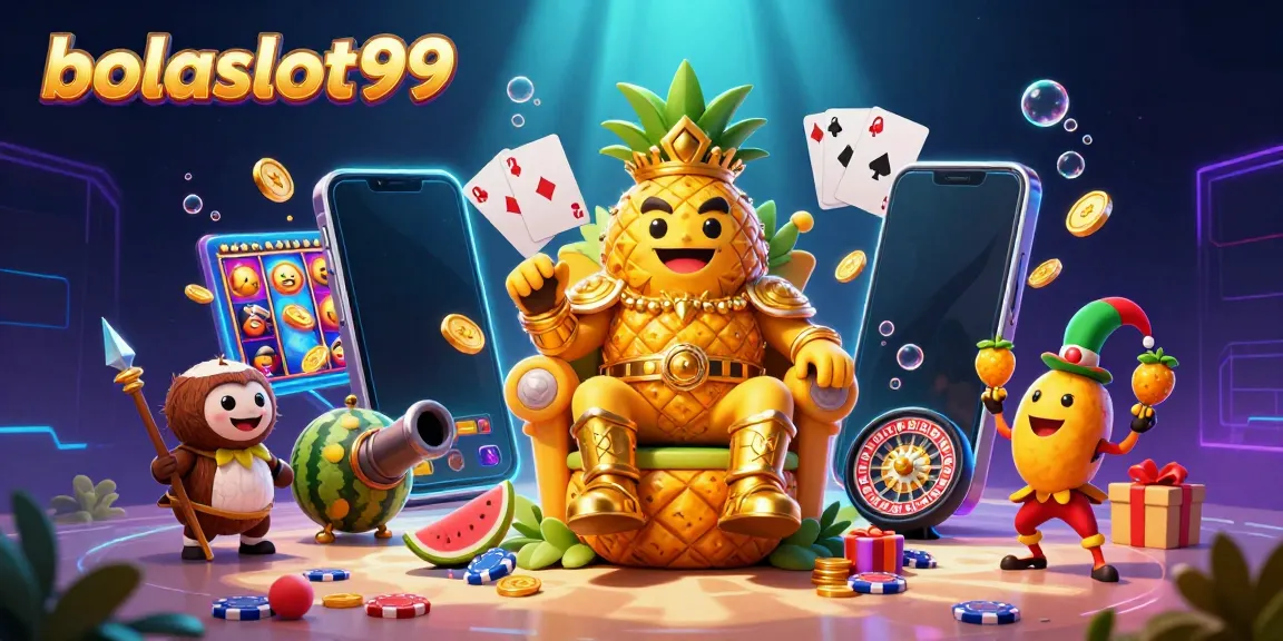 Experience the vibrant world of bolaslot99 with a golden pineapple king and interactive casino elements.